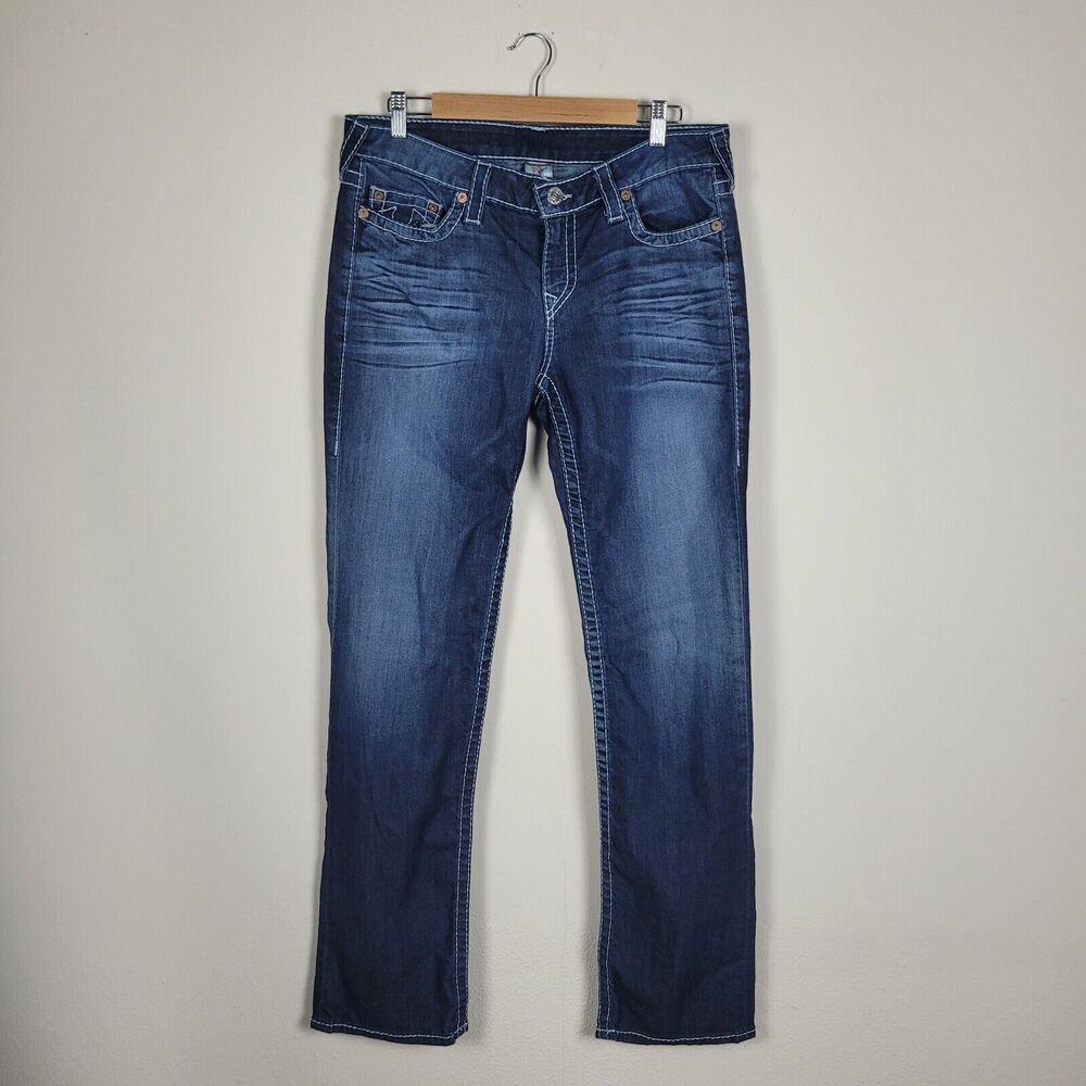 True Religion Jeans 33 Blue Denim Natural Big T Bobby Y2K Thick Stitch Straight‎